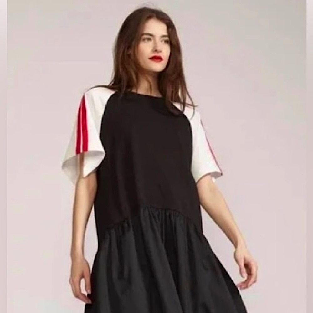 CYNTHIA ROWLEY DOUBLE STRIPE RED WHITE TEE DRESS BLACK WHITE RED SIZE LA…